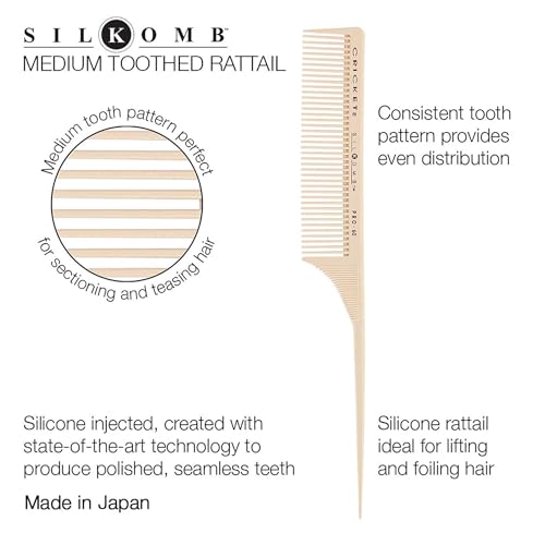Cricket Silkomb Pro-60 Medium Tooth Rattail Comb ? Japanese-Made, Silicone-Injected Design with Seamless Teeth for Precision Sectioning, Teasing, Lifting, and Professional Styling