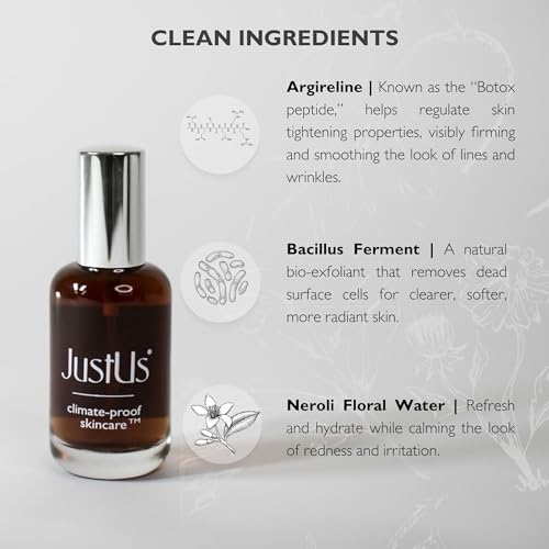 JustUs Skincare, Hydrating Facial Mist for Mature Skin - Exfoliating Anti-Aging Serum for Dull, Dehydrated Skin, with Argireline, Bacillus Ferment, Neroli & Niacinamide ? 50ml / 1.67 oz