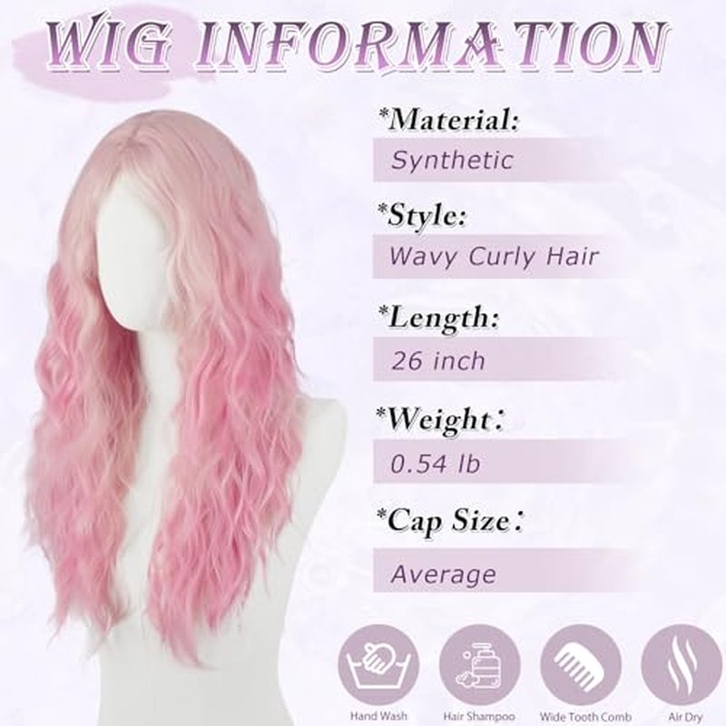 Haloo 26-Inch Pink Wig with Curtain Bangs - Wavy Curly Synthetic Hair