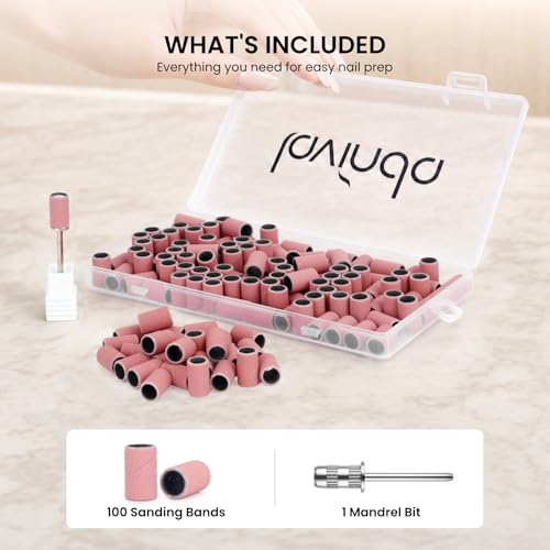 100 Pcs Nail Drill Bits Sanding Bands with Mandrel - 240 Grit Extra Fine Pink