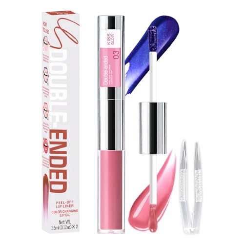 2-in-1 Peach Pink Lip Stain Peel Off & Hydrating Plumping Lip Oil with Tweezer, of Women Long Lasting Waterproof Peel Off Lip liner Tattoo, Highly Pigmented for All Skin Types 03#
