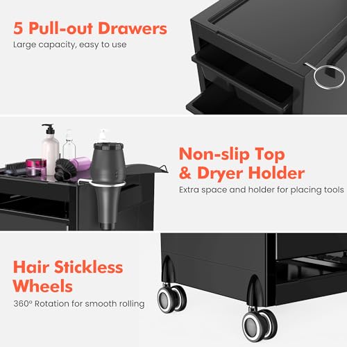 Salon Rolling Cart with 5 Drawers & Dryer Holder