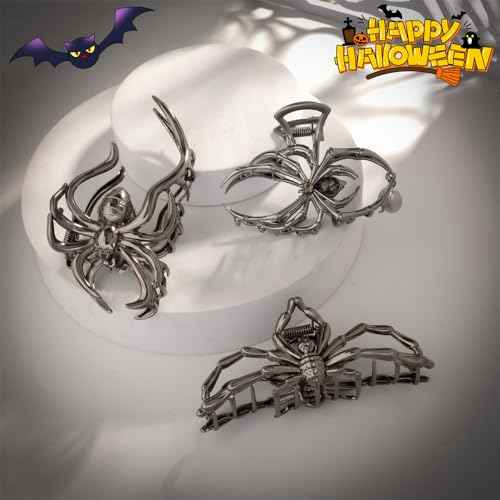 Halloween 3PCS Spider Hair Claw Clips Hair Accessories for Women Girls, Gothic Black Metal with Pearl Charms Large Medium Size Catch Clips for thick Hair Styling Tool Holiday Gifts(Black Gun)