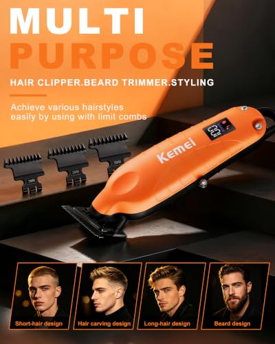 KEMEI PG2499 Orange Cordless Hair Clipper for Men – Beard & Hair Trimmer with 7000 RPM