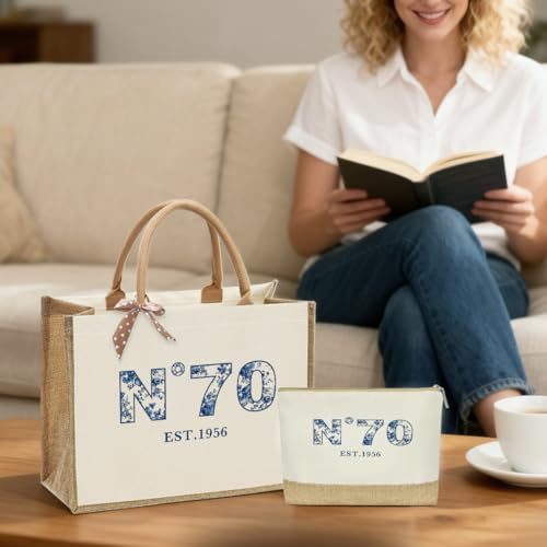 KongMoTree Birthday Gifts for Women Her, Birthday Bag, Reusable Vintage Jute Blue Floral Tote Bag and Makeup Bags