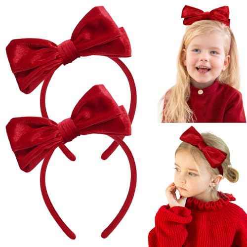 DEEKA Velvet Bow Headband 2 PCS Hair Band Hair Bows with bow Velvet Christmas Hair Accessories for Toddlers Women and Girls (Red)