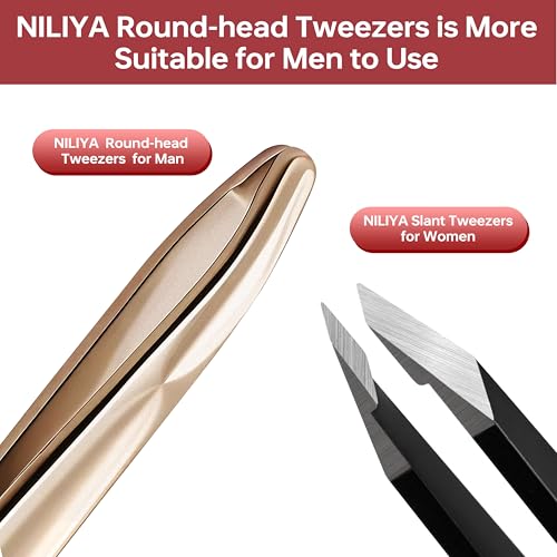 Tweezers for Man, Professional Round Tips Plucker for Chin, with Leather Travel Case (Light Gold)