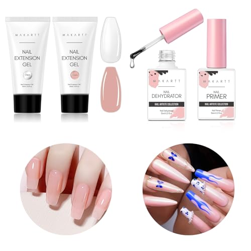 Makartt Poly Nail Gel Set Clear Nude Pink 2PCs 50ML Gel Builder Bundle with Makartt Nail Dehydrator and Primer Set, Air Dry Professional Long-lasting Nail Prep