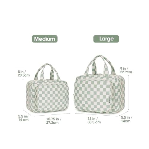 Narwey Travel Toiletry Bag for Women Large Capacity, Hanging Makeup Bag Organizer Toiletries Bag for Full Size Essentials, Accessories, Brushes, Cosmetics (Mint Green Checkerboard (Large))