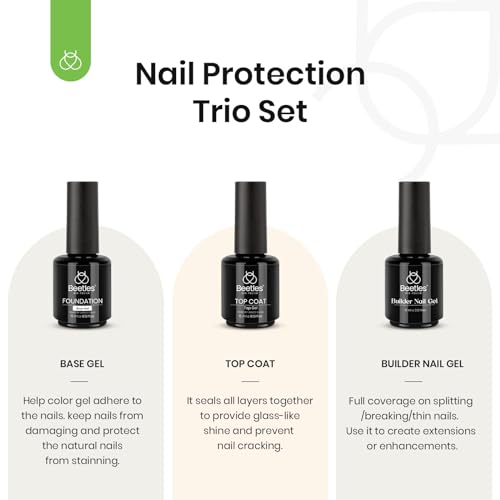 Beetles 3Pcs 15ml Top and Base Coat Builder Nail Gel Set No Wipe Gel Top Coat Base Gel Builder Extension Gel for Nails Shine Finish and Long Lasting Nail Protection Soak Off Led Gel Glossy Gel