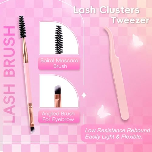 FADLASH DIY Lash Extension Kit Individual Lashes Cluster D Curl Eyelash Extension Kit D Curl Lash Clusters Lash Applicator Tool for Self Application at Home(KIT 100D-D-12-18mm)