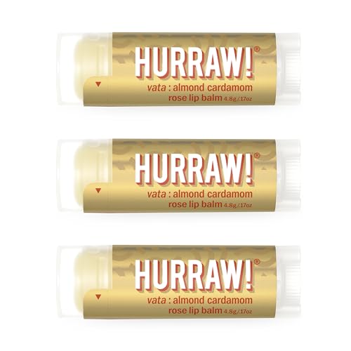 Hurraw! Almond, Cardamom, Rose (Vata) Lip Balm, 3 Pack: Organic, Certified Vegan, Cruelty and Gluten Free. Non-GMO, 100% Natural Ingredients. Bee, Shea, Soy and Palm Free. Made in USA