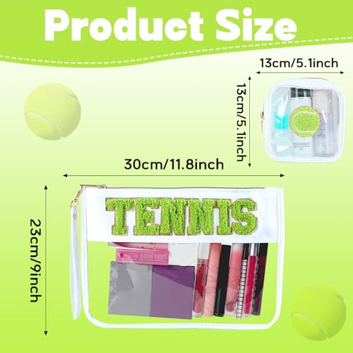 party greeting 2Pcs Tennis Gifts Tennis Chenille Makeup Bags Portable Travel Cosmetic Bag with Zipper Preppy Patch Letter Bag Waterproof Storage Purse Flat Clear PVC Organizer for Women