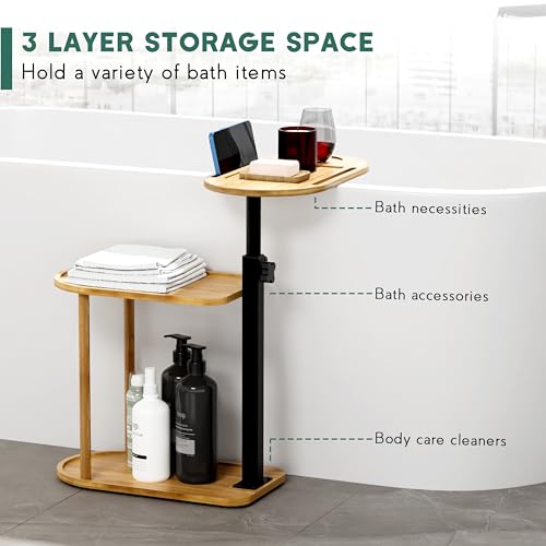 Bamboo Freestanding Bath Tray Caddy, 3-Layer Bathtub Organizer
