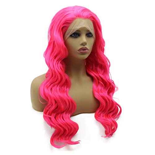 iwonawig Long Wavy Half Hand Tied Heat Resistant Synthetic Swiss Lace Front Pink Wig