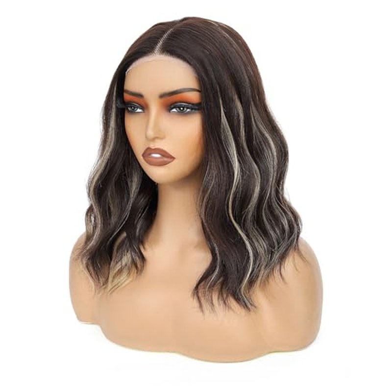 14 Inch Short Wavy Wig Brown Blonde Highlight Lace