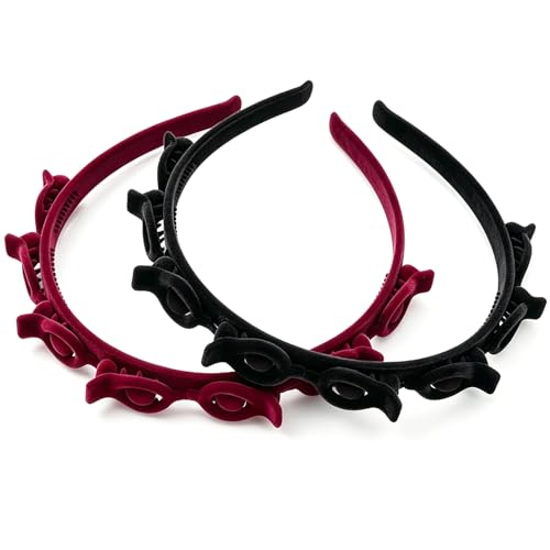 2-Pack Non-Slip Hair Clip Headbands with 8 Clips, Black & Wine Red