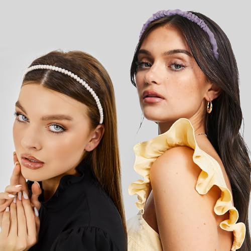 7 Pcs Fashion Headbands for Women with Satin Scrunchies Black Headbands for Girls Pearl Headbands for Women Trendy Padded Headband Thin Headbands for Women Croquette Aesthetic Cute Accessories