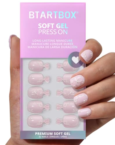 BTArtbox Press On Nails Squoval Bloom Together - 32Ct Pink 3D Bow
