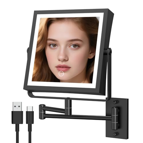 Wall Mounted Makeup Mirror with Lights 4000mAh Rechargeable Double Sided 1X/10X Magnifying Lighted Vanity Mirror with 3 Color Lights & Touch Dimmable 360¡Æ Rotation Extension Swing Arm for Bathroom