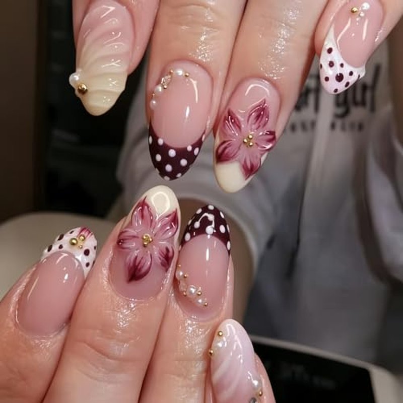 3D Floral Press On Nails Medium Almond 30pc Set