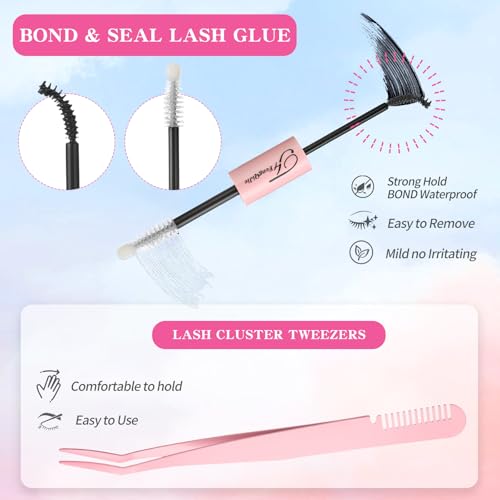 DIY Lash Clusters Kit for At-Home Eyelash Extensions | 280 Cluster Lashes (9mm-16mm) with Lash Glue, Bond Sealer & Tweezers | Reusable Cluster Lash Extension Kit for Natural Volume(30D+40D)