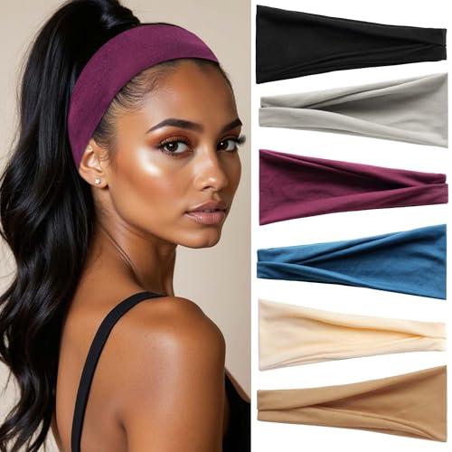 Non-Slip Elastic Headbands for Women - 6 Pack, Soft Cotton