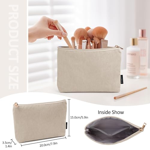 Small Corduroy Makeup Bag with Inner Zipper Pocket, Beige