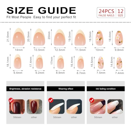 Short Almond Press On Nails with Daisy Bee Design, 24PC
