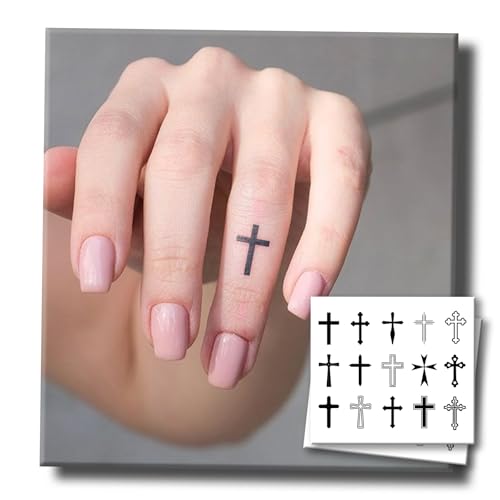 Minimal Cross Finger Tattoos - 15 Pcs Semi Permanent, 7-15 Days