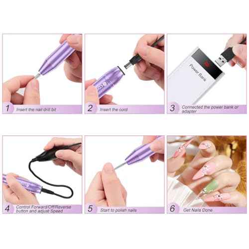 Electric Nail Drill,USB Electric Nail Drill Machine for Acrylic Nail Kit,Portable Electric Nail File Polishing Tool Manicure Pedicure Kit Efile Nail Supplies for Home Salon,Lilac