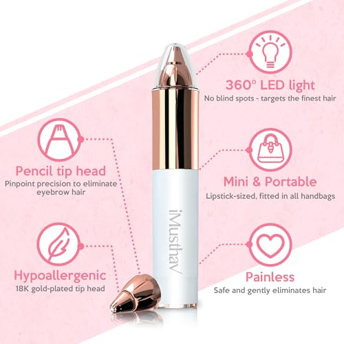 Portable Eyebrow Hair Remover for Women ? Painless, Fast & Precise Flawless Electric Razor & Epilator for Eyebrow, Nose, Ear Hair Removal ? 18K Gold-Plated, 360¡Æ LED Light