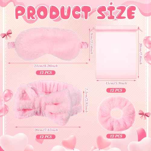 Mimorou 48 Pieces Spa Party Supplies 12 Spa Headband 12 Plush Sleep Eye Mask 12 Velvet Scrunchies 12 Organza Bags for Sleepover Slumber Party Favors Christmas Gift(Pink)