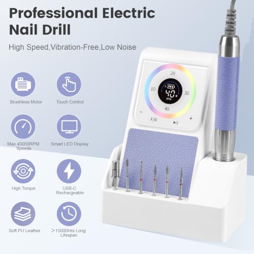 HoMove Purple 40,000RPM Professional Brushless Nail Drill Cordless