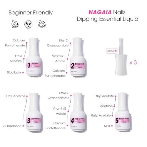 NAGAIA Premium Nail Dipping System, Dip Essential Liquid Set, All In One Dip Liquid Kit, Home & Salon Nail Dipping Manicure, Air Dry Dip Powder System, Salon Acrylic Nail Alternative, 3 Replaced Brush