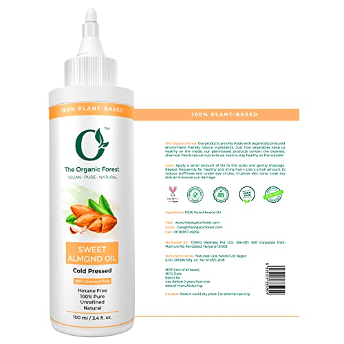 The Organic Forest Almond Oil for Hair, Face, Dry Skin, Cold Pressed 100% Pure Carrier Oil for Essential Body Oils for Women and Men, 100 ML