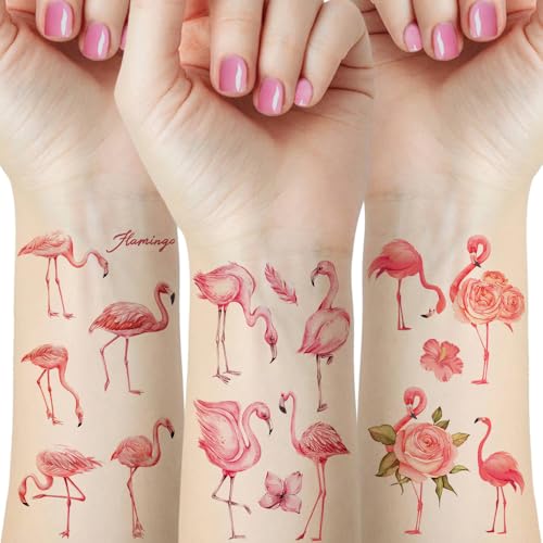 Pink Flamingo Temporary Tattoos - 12 Sheets Watercolor Design