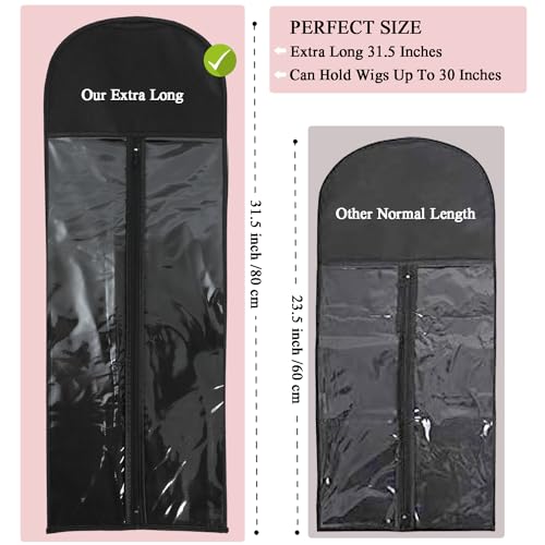 AIAIZHQH 2 Packs Extra Long Hair Extension Holder Wig Holder Wig Storage Bags with Hanger, Wig Storage for Multiple Wigs Hair Extension Hanger with Bag (31.5 Inch, 2Pcs Black)