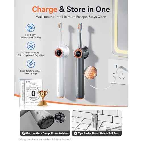 RANVOO AirJet PH3 [Vibrating & Flossing 2-in-1] Bubble Sonic Electric Toothbrush, Plaque Removal, White for Adult Protect Gum Orthodontic Teeth Clean Rechargeable Gift with 2 Soft Brush Heads Grey