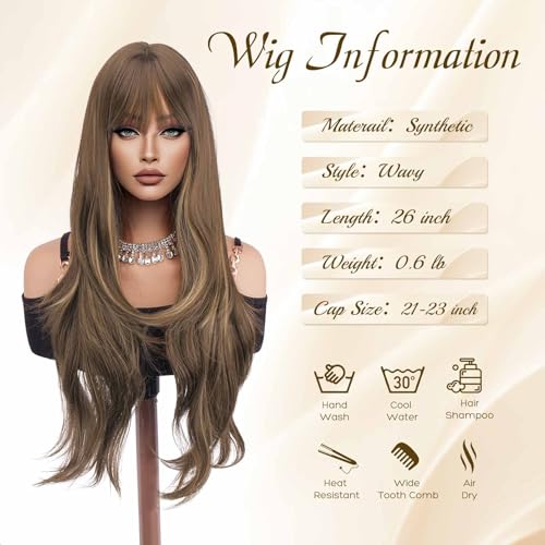 Haloo 26" Blonde Brown Wavy Wig with Bangs - Heat Resistant Synthetic