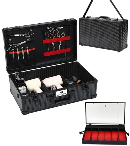 CHUANGJIN Black Large Barber Carrying Case with Removable Tray, Travel Hairdresser Toolbox