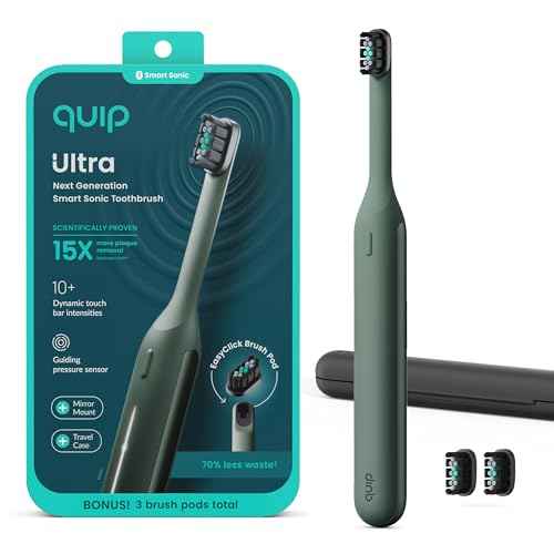 Quip Ultra Next Generation Smart Sonic Toothbrush - Timed Electric Toothbrush for Adults - Replaceable Brush Head, Soft Bristles, Silicone Handle, 30-Day Battery Life, Travel Case - Moss Green
