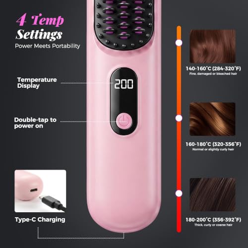Cordless Hair Straightener Brush with 4 Heat Settings - Pink