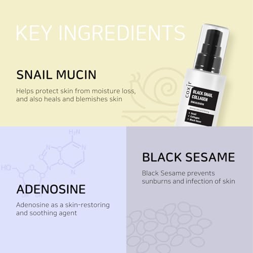 coxir BLACK SNAIL COLLAGEN EMULSION | Black Rice, Snail Mucin, Collagen, Hyaluronic Acid | Lightweight Face Moisturizer | Firming, Nourishing, Korean Skin Care [100ml/3.38 fl.oz]