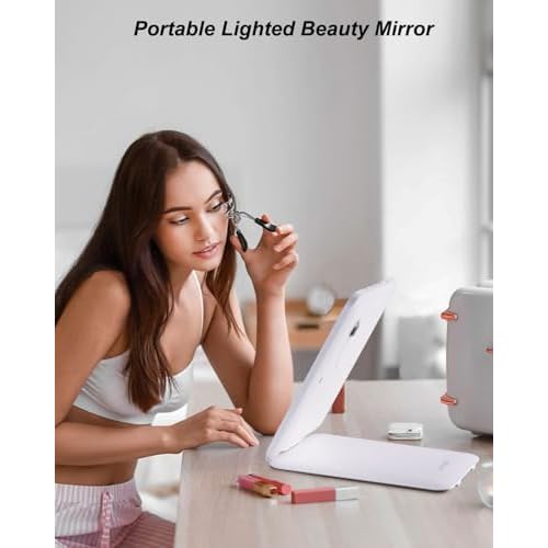 7x9.5 Inches Lighted Travel Mirror with 10X Magnifying Round Mirror, Rechargeable Battery, USB-C Charging, 78 LEDs, Tabletop Mount