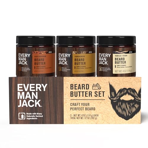 Every Man Jack Beard Butter Gift Set for Men ? Full Size 3-Pack Variety with Sandalwood, Vanilla + Cedar & Aged Bourbon Scents ? Naturally Derived with Shea Butter & Coconut Oil ? 4 oz (3 Pack)