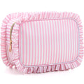 Kigeli Striped Ruffle Makeup Bag Preppy Makeup Pouch Large Travel Cosmetic Bag Nylon Waterproof Toiletry Make up Organizer for Women (Pink)