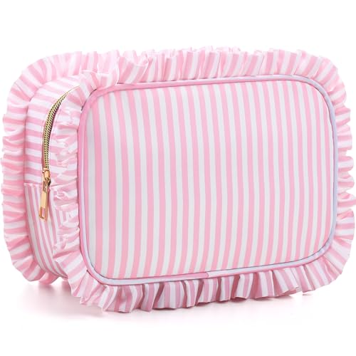 Kigeli Striped Ruffle Makeup Bag Preppy Makeup Pouch Large Travel Cosmetic Bag Nylon Waterproof Toiletry Make up Organizer for Women (Pink)
