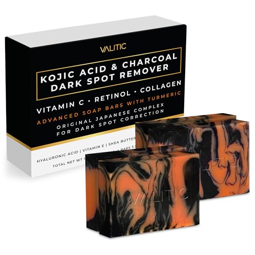 VALITIC Charcoal Kojic Acid Turmeric Black Soap for Dark Spots 4 Pack 3.52oz each