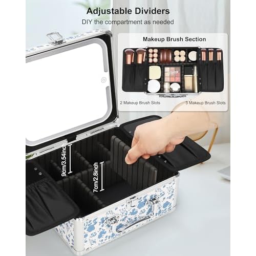 Relavel Makeup Bag with LED Mirror, Makeup Box Travel Train Case with Rechargeable Lighted Mirror, Cosmetic Brush Organizer Storage for Makeup Artists Gifts for Women and Girls, Floral Print